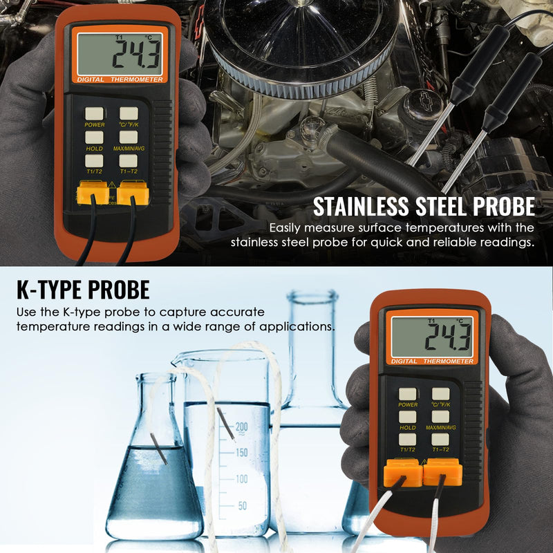 [Australia - AusPower] - Dual Channels Thermocouple Thermometer 4 Thermocouples (Wired & Stainless Steel), Handheld Desktop High Temperature Kelvin Scale Sensor Tester Temperature Range -50~1300°C (-58~2372°F) 