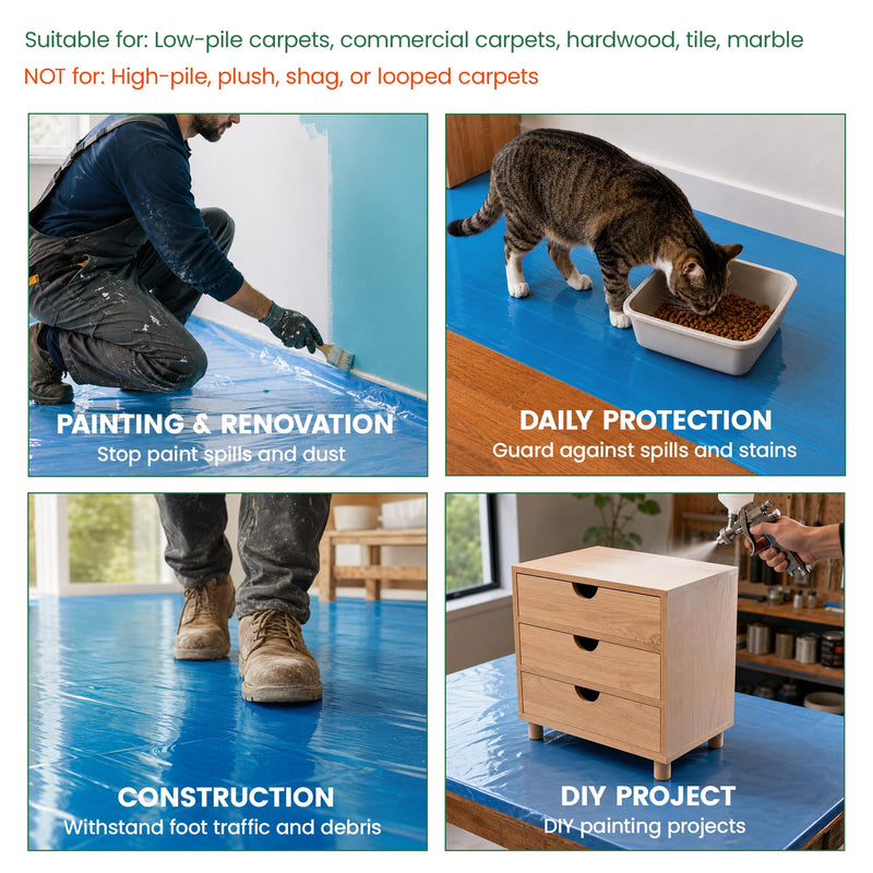 Voomey Carpet Protection Film - 10.63 inch x 100 ft Self Adhesive Plastic Carpet Protector for Low Pile & Commercial Carpets - Removable & Residue Free