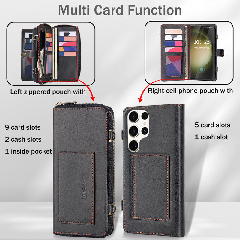 [Australia - AusPower] - for Samsung Galaxy S24 Ultra Wallet Case,Multi-Function Wallet Case, Detachable 3 in 1 Magnetic Galaxy S24 Ultra Case Wallet,Flip Strap Zipper Card Holder Phone Case with Shoulder Straps(Black) Black 