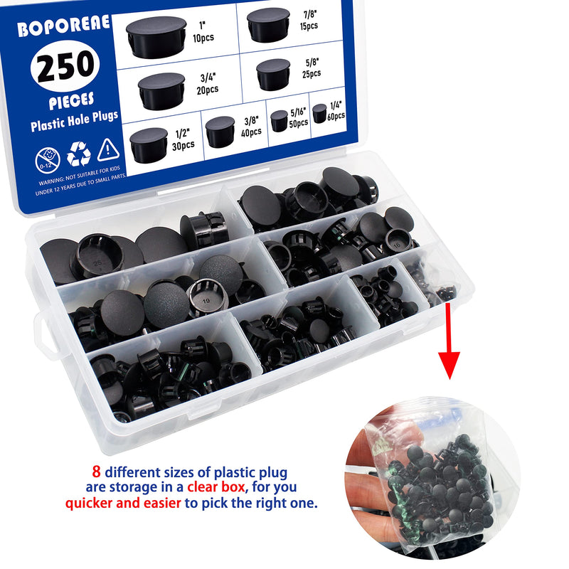 [Australia - AusPower] - 250 PCS Nylon Plastic Hole Plug 1" 7/8" 3/4" 5/8" 1/2" 3/8" 5/16" 1/4" Round Drill Hole, Flush Type Panel Knockout Locking Plugs, Black Screw Covers for Furniture Cabinet Insert End Caps 