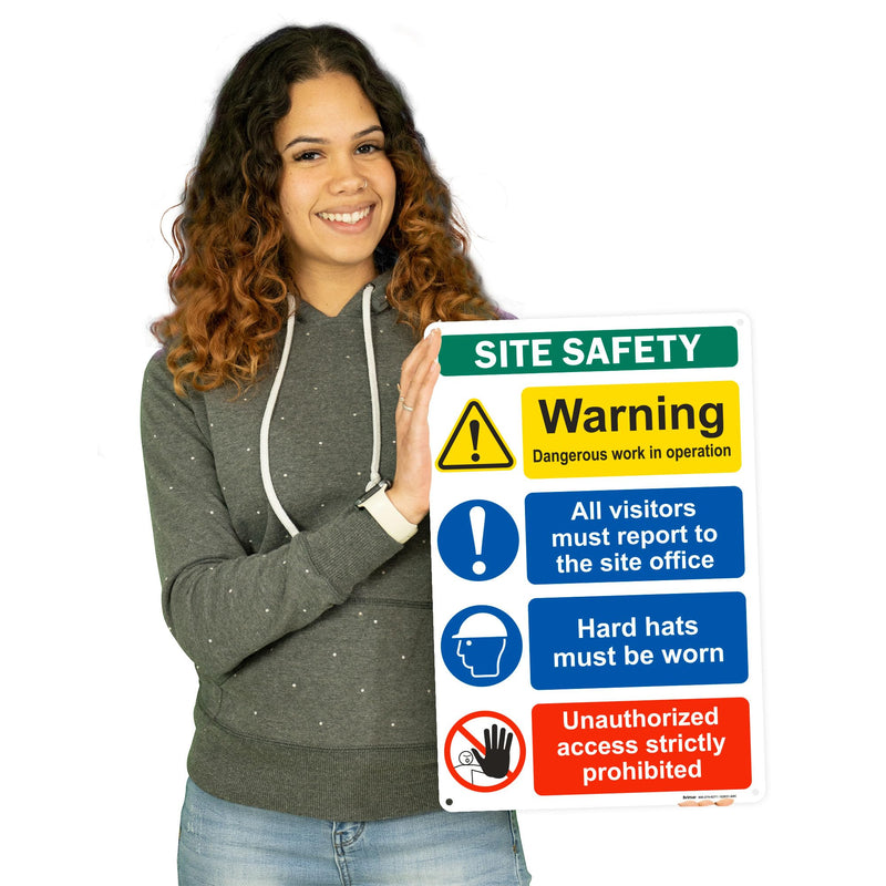 Brimar - 12" x 18" - Construction Site Safety Sign - .063″ White Rust-Free Aluminum - Bold Text - Easy Installation 12x18" Site Safety (Aluminum)