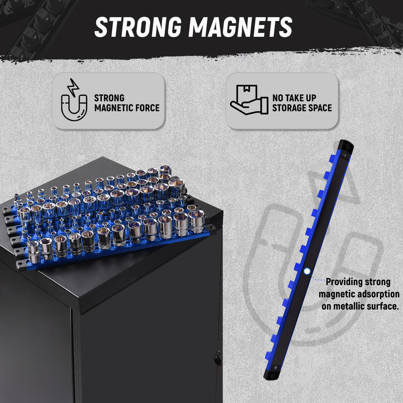 ALOANES Magnetic Socket Organizer Set, 3-Piece Heavy Duty Aluminum Socket Holder Socket Rail Organizer for Tool Box, 360° Swivel Clips Socket Rack 1/4, 3/8, 1/2-Inch x 40 Clips (Blue) 3PC (1/4, 3/8, 1/2-Inch Drive) Blue