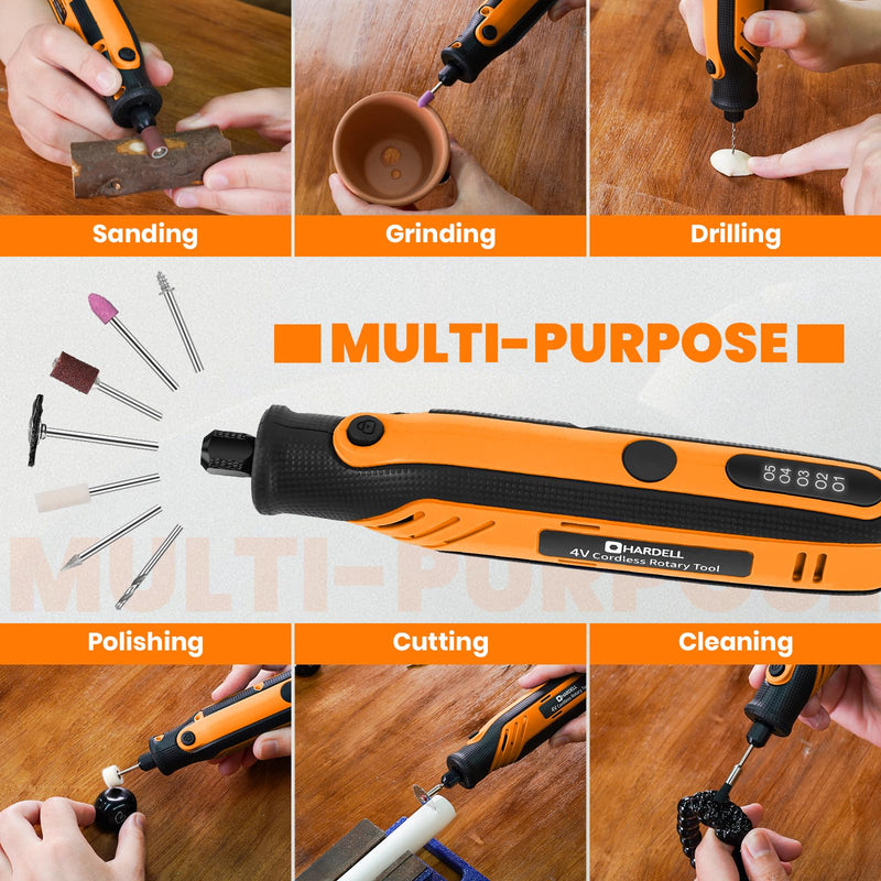 HARDELL Rotary Tool, 4V Mini Cordless Rotary tool Kit con 5 Speed Display, Rechargeable Rotary tool Set with 69 Accessories for Sanding, Grinding, Engraving, Polishing, Drilling, Cutting, DIY Crafting Orange Gift