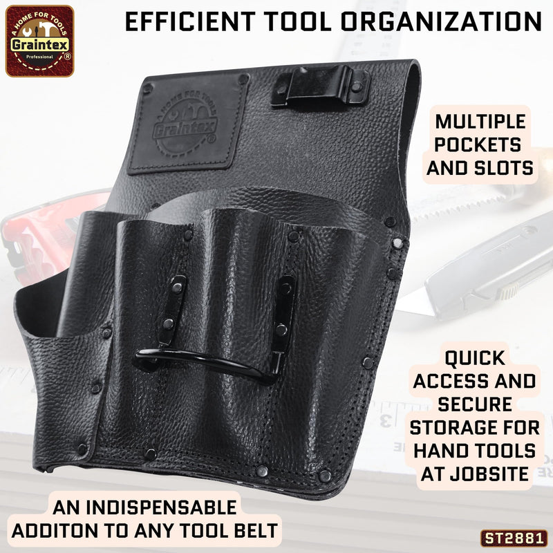 Graintex Drywall Pouch Heavy Duty Top Grain Leather, Steel Hammer Holder, Drywall Tool Belt, Framers Tool Pouch, Construction, Carpenter, Electricians, Ideal for Tradesmen Black Rugged Right Handed