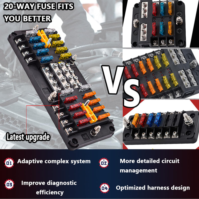 [Australia - AusPower] - 20 Way Blade Fuse Block 16 Circuit Fuse Holder Fuse DC SUB Panel with Ground and Cover for Car Boat Marine Trike Car Truck Vehicle SUV Yacht RV 