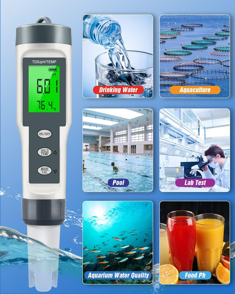 [Australia - AusPower] - pH Meter & TDS Meter, 0.01 High Precision Water Quality Tester TDS/pH/Temp 3-in-1 pH Tester for Water, 0-14 pH Test Range, Easy to Read, Calibrate, PPM Meter for Drinking Water, Wine, Food and Pool White 