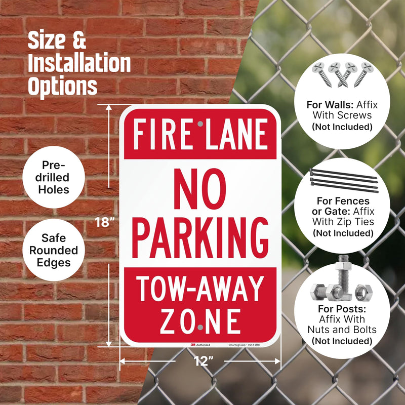 SmartSign Fire Lane No Parking Tow-Away Zone Sign - 2 Pack, 18 x 12 inch, 2mm Thick Aluminum Composite, Pre-Drilled Holes, Red and White, Made in USA 12" x 18"