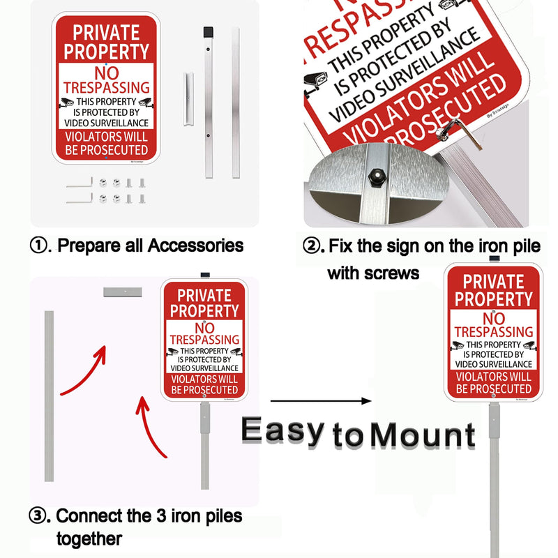 2Pack No Trespassing Private Property Sign with 36-Inch Stakes, 10x14 Inches Video Surveillance Warning Sign, Rust Free Reflective Aluminum 2 Pack with stake（Red）