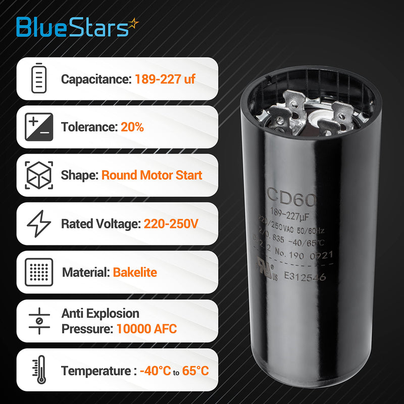 BlueStars Ultra Durable 189-227 uf/MFD 220-250 VAC Volts Round Start Capacitor 50/60 Hz AC Electric - Lot -1 - Exact Replacement of OEM Single Phase Motor Capacitors - Lifetime Up to 30.000 hours 189-227 MFD