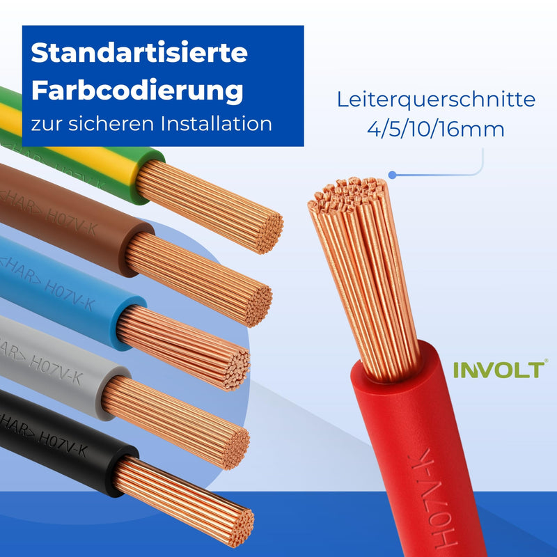 INVOLT 10 m H07V-K 6 mm² Wiring Cable Blue Wire Cable Sold by the Metre | Fine-wired, flexible, grounding cable for electrical installation, made in Germany black