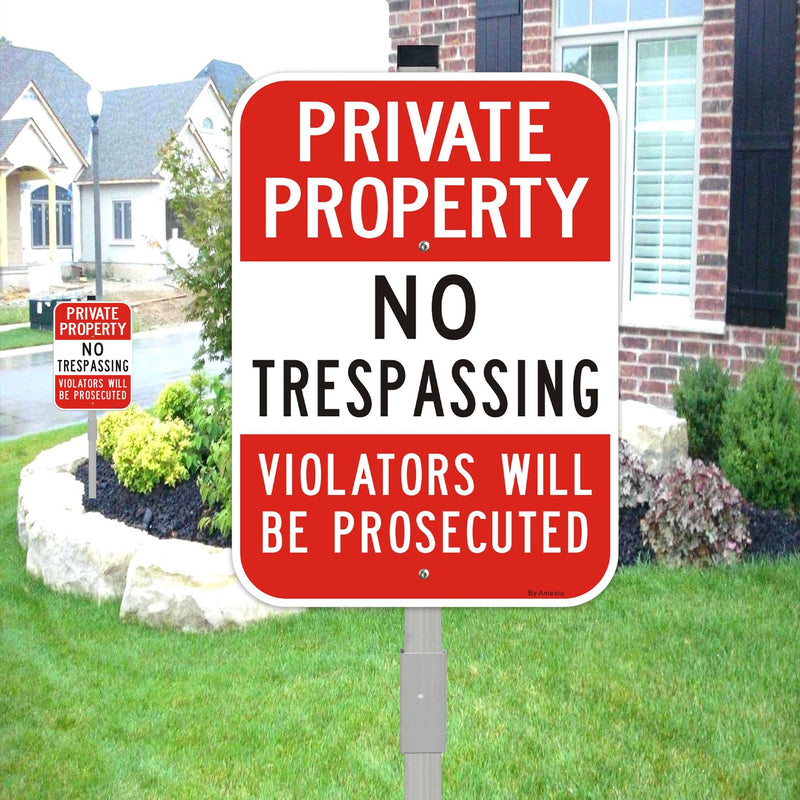 Large (2 Pack) No Trespassing Sign Private Property, 10 x 14 Inches Metal Signs Includes 36" Alloy Long Stake for Easy Installation, Rust-Free& Fade Resistant 10" x 14" with stake