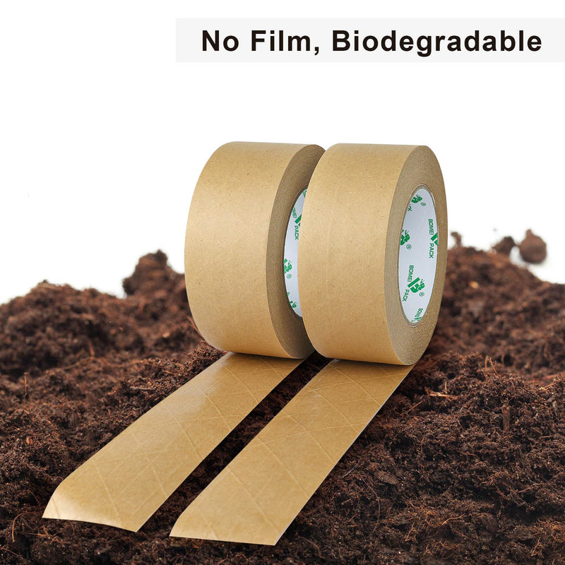 BOMEI PACK Reinforced Paper Packing Tape 2inch, Biodegradable Self Adhesive Gummed Kraft Paper Shipping Tape, for Heavy Duty Packing, Shipping, Moving and Storage, 2Rolls x 50yds