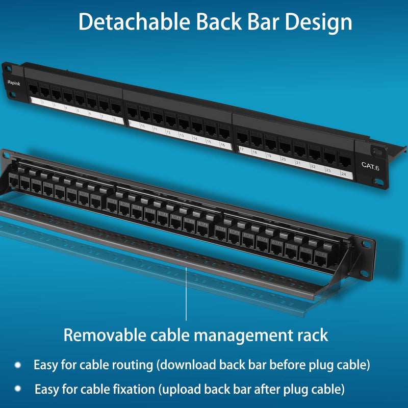 Rapink Patch Panel 24 Port Cat6 with Inline Keystone 10G Support, Pass-Thru Coupler Patch Panel UTP 19-Inch with Removable Back Bar, 1U Network Panel for Cat6, Cat5e, Cat5 Cabling Black
