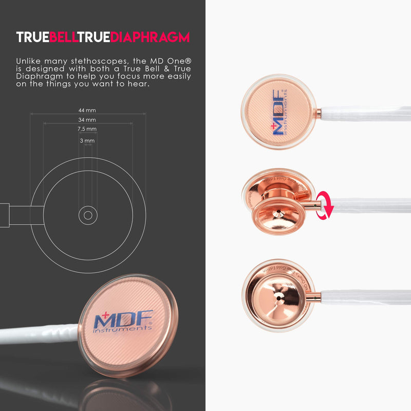 MDF Instruments, Rosegold MD One Stainless Steel Stethoscope, Adult, White Tube, Rosegold Chestpieces-Headset, MDF777RG29 Stainless Steel Rose Gold - White