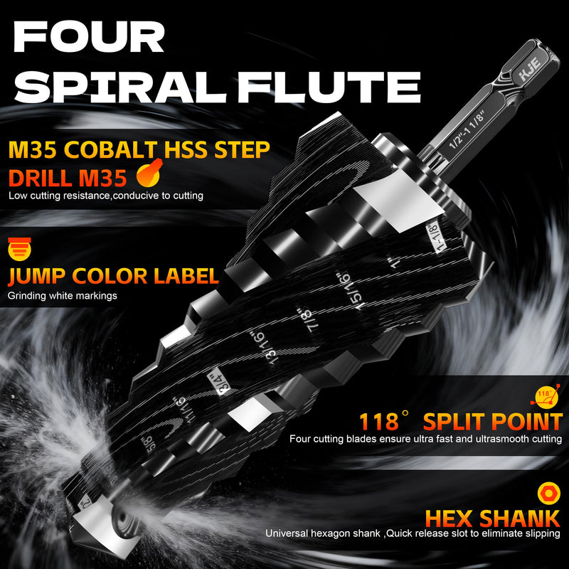 KJE 3PCS SAE 1/8" to 1-1/8" M35 Cobalt Step Drill Bit Set, 1/4" Hex Shank Metal Cutting Unibit Step Drill Bits(TiAlN Coated), Spiral Cone Drill for Stainless Steel, Sheet Metal, Wood & Plastic