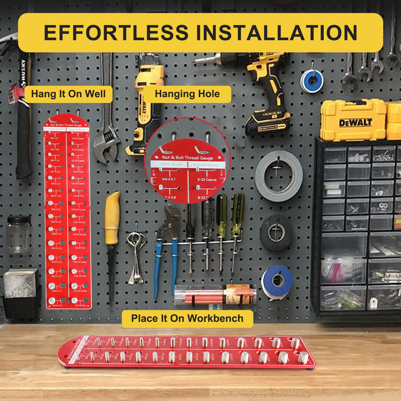 Upgrade 28 Nut and Bolt Thread Checker: Identibolt Bolt and Nut Gauge, 14 Metric & 14 Standard Sizes, Wall-Mountable Red rectangle