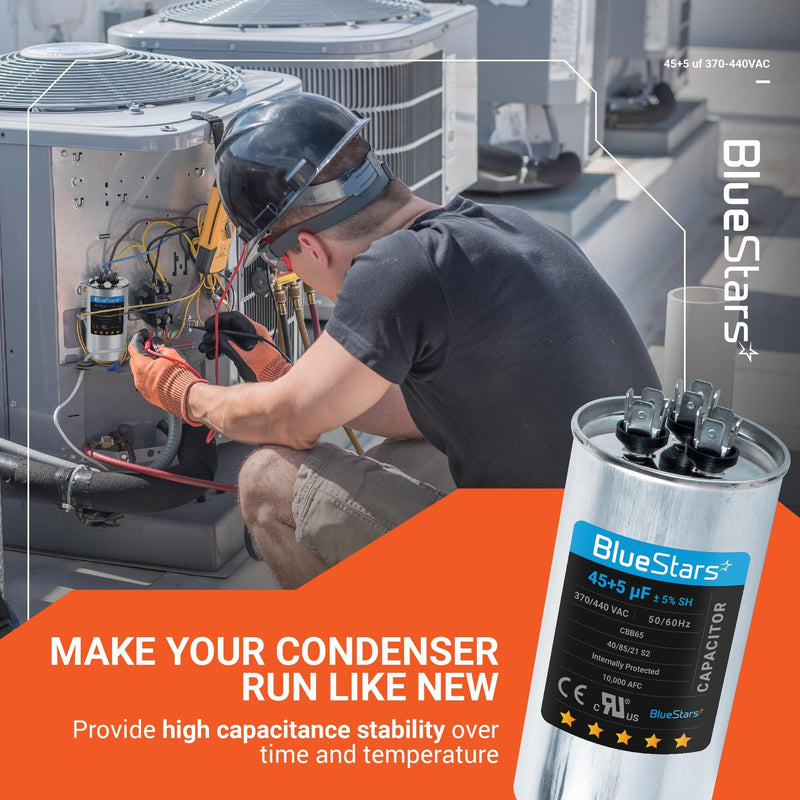 [UL Certified] BlueStars 2 Packs 45+5 uF 45/5 MFD 370V or 440V Round Dual Circular Run Capacitor CBB65 50/60 Hz - Compatible for AC Motor Run or Fan Start or Condenser Straight 45+5 MFD