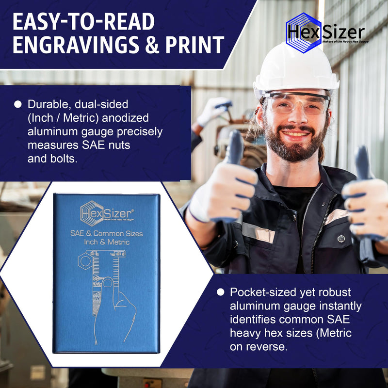 [Australia - AusPower] - HexSizer 6-in-1 SAE Hex and Thread Gauge Set - Dual Inch & Metric Measurement Tool, Compact, Durable Aluminum Gauge for Measuring SAE Hardware, Nuts, Studs, and Bolts - Imperial & Metric Units (Blue) 