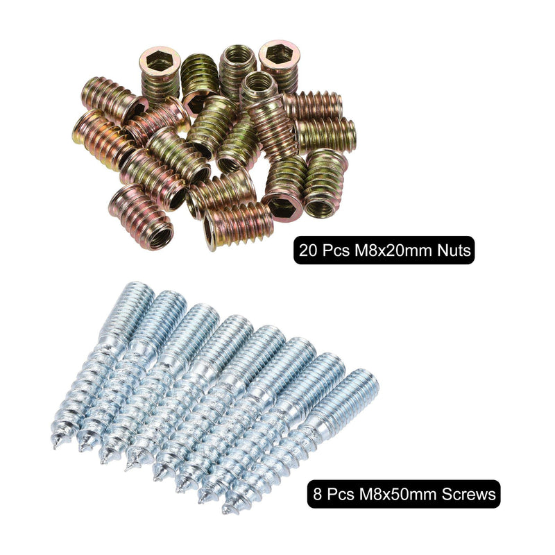 [Australia - AusPower] - uxcell 20pcs M8x20mm Threaded Insert Nut, 8pcs M8x50mm Hanger Bolt, Wood Furniture Set 