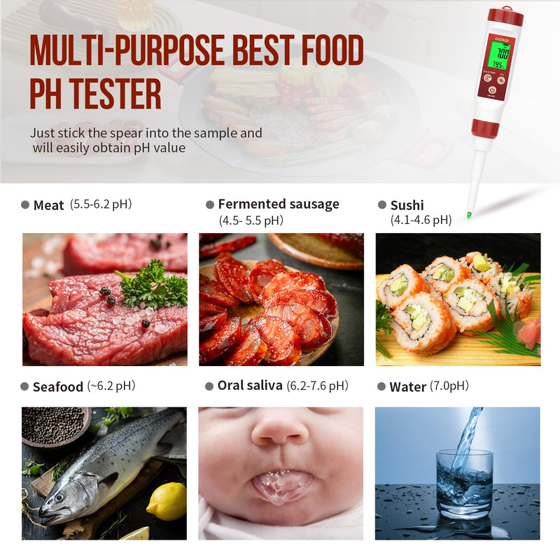 [Australia - AusPower] - pH Meter for Food Digital pH Meter for Fermentation Hot Sauce Canning Spear Tip pH Food Tester Probe for Cheese Cooking Sourdough Bread Saliva Water Resistant Food Acidity Tester for Solid and Water 