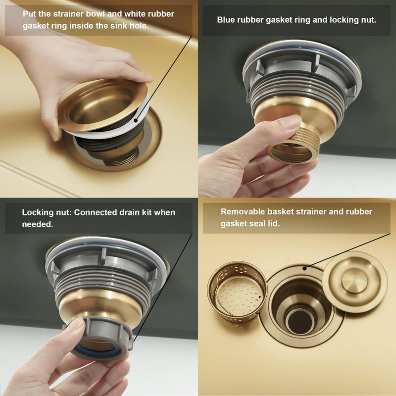 LQS Kitchen Sink Drain Strainer Assembly, Sink Drain 304 Stainless Steel with Removable Deep Waste Basket and Sealing Lid 3-1/2-inch Golden Deep Locking