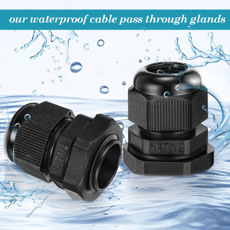 [Australia - AusPower] - 50 Pcs 1/2" NPT Black Nylon Cable Gland, Waterproof IP68 Adjustable Locknut for 6-12mm Cable Diameter Waterproof Connectors Black Cord Grip 50 