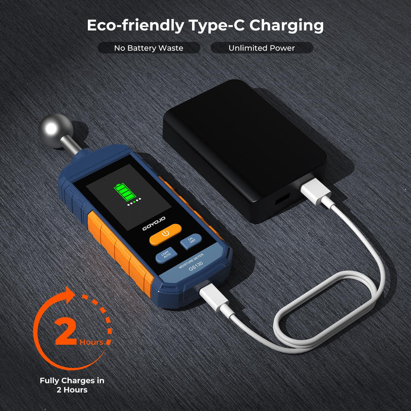 [Australia - AusPower] - Pinless Wood Moisture Meter for Walls & Drywall | Digital Moisture Detector, Concrete Moisture Meter & Firewood Reader | GS130 USB-C Rechargeable Humidity Tester 