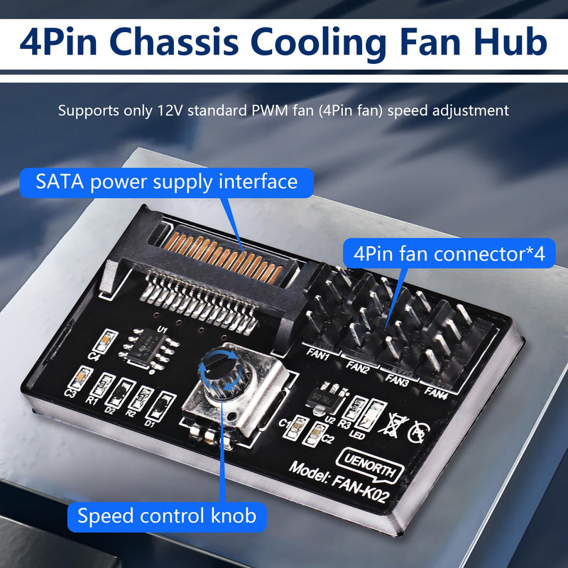 [Australia - AusPower] - 4-Pin PWM Fan Controller Hub - 12V PC Chassis Fan Speed Knob Adapter with SATA Power, 60W Output & 3M Tape for 4 Fans (Case Fan Hub/PWM Cooling Controller) 