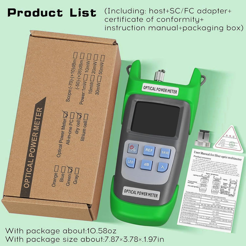 [Australia - AusPower] - Fiber Optical Power Meter with SC FC Connector, -70~10dBm, 10 Optic Wave Length, Optic Test Equipment for CCTV Communication Engineering (Green) Green 1 