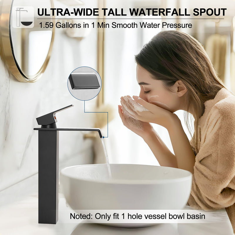 Brass Vessel Sink Faucet Black Waterfall Bathroom Faucet 1 Hole, Tall Bathroom Sink Faucet Single Handle, Modern Bathroom Faucets for Vessel Sinks with Pop Up Drain and Supply Hoses Matte Black