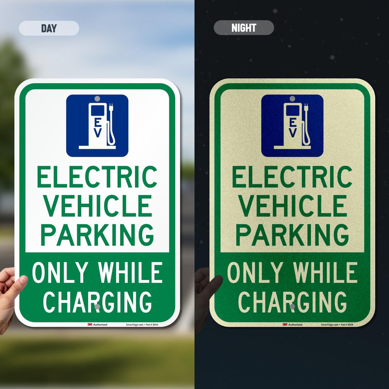 SmartSign 18 x 12 inch “Electric Vehicle Parking - Only While Charging” Sign, 63 mil Aluminum, 3M Laminated Engineer Grade Reflective Material, Blue, Green and White, Made in USA 12" x 18" - EG Reflective