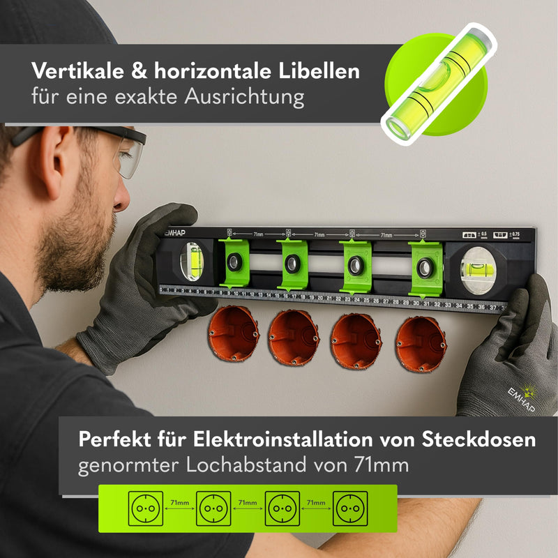 Spirit Level with Drilling Template for Sockets - Diameter 8 mm Bore - Electrician Spirit Level 2.0 as Precise Drilling Aid & Socket Template - Ideal for Socket Drills Ø8 mm Bore