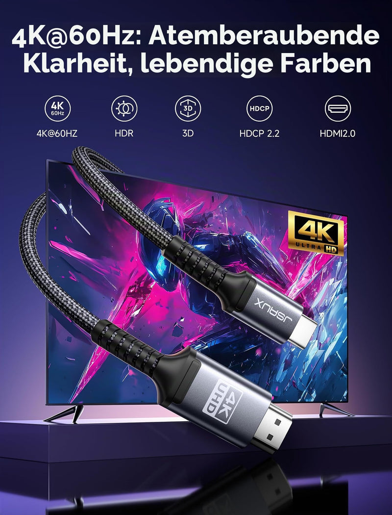 Jsaux USB-C to HDMI Cable, 2m, 4K@60Hz for iPhone 17/16, MacBook, S25, Grey | Plug & Play USB-C to HDMI transmits stable 4K@60Hz video; USB-C to HDMI only, for iPhone 17/16/15, MacBook, iPad Pro, S25, 2m