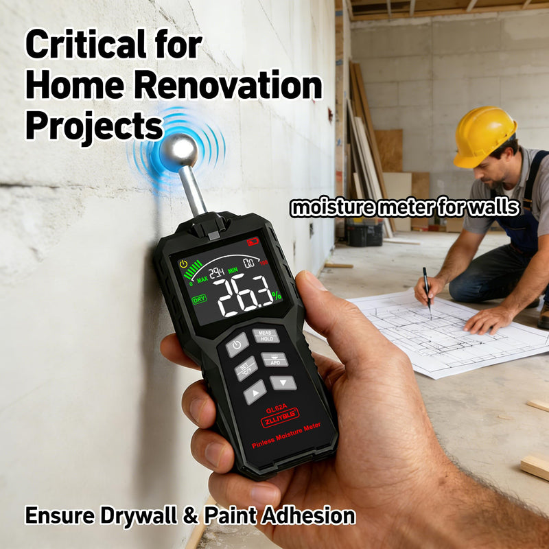 [Australia - AusPower] - Pinless Moisture Meter, Spherical Ball Probe Non-Invasive, High Precision Damp Detector with Backlit LCD, 5-40mm Depth for Walls, Drywall, Concrete, Woodworking & Mold Prevention 