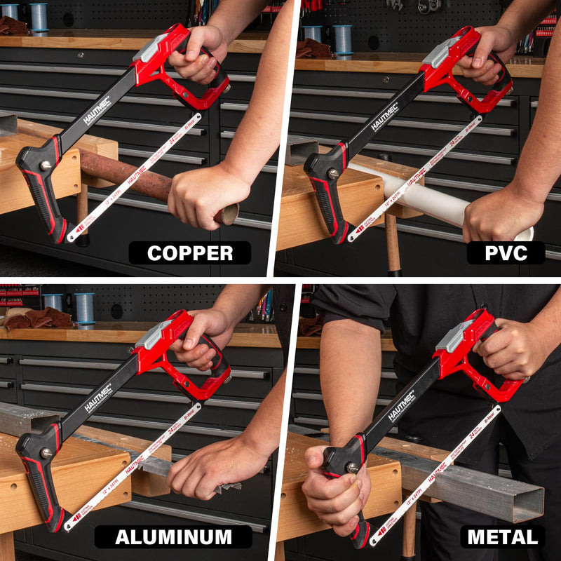 HAUTMEC 12" Fast High-Tension Hacksaw, Expert Metal Saw with 6 Bi-Metal Blades, Heavyweight Aluminum Frame, Ergonomic Non-Slip Handle, Blade Storage & Dual Cutting Angles (HTHSH25034) Expert Hacksaw