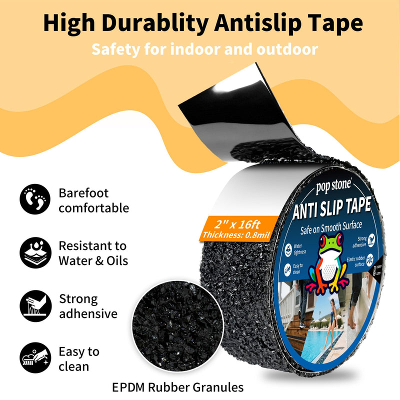 Waterproof Anti-Slip Traction Tape, 2" x 16.5 FT | Heavy-Duty EPDM Rubber Granule Surface, Strong Grip & Resilient Foot Contact | Indoor & Outdoor for Pool, Bath, Ramps, Stairs and Steps 2\" X 16.5ft Patio Black