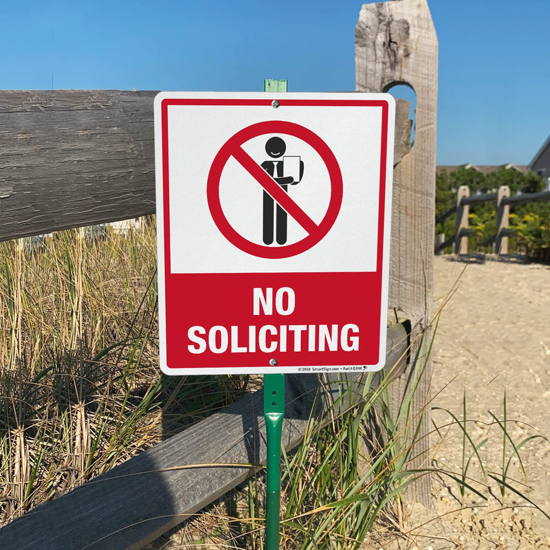 SmartSign 12 x 10 inch “No Soliciting” Yard Sign with 3 foot Stake, 40 mil Laminated Rustproof Aluminum, Red, Black and White, Set of 1