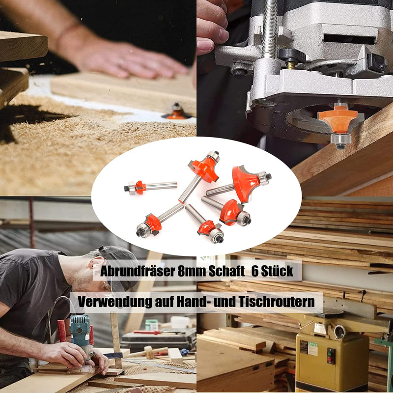 [Australia - AusPower] - AKYLIN Rounding Cutter 8 mm Shank, 6 Pieces Round Over Cutter Bits Radius 2-3-4-5-6-8, Quarter Bar Cutter Edge Cutter Set with Ball Bearings Round Edge Cutter Wood Cutter Tool Woodworking Set 6-tlg Abrundfräser Set 8 mm shaft 