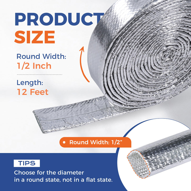 Automotive Heat Shield Sleeve High Temp Sheathing Heat Resistant Wire Protectors Aluminum Foil Heat Wrap For Automobile Engine Wires(1/2"-12ft) 1/2" 12Ft