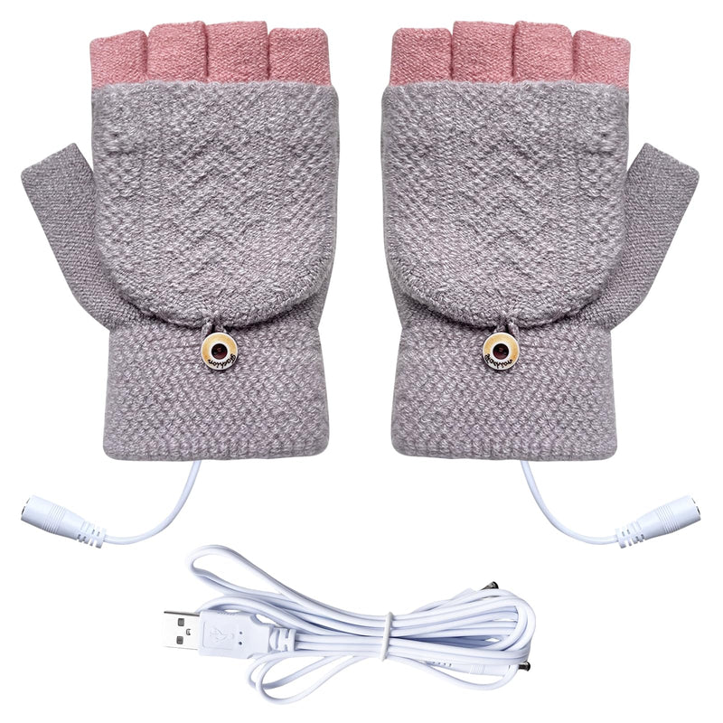 [Australia - AusPower] - Women's & Men's USB Heated Gloves Mitten Full & Half Fingerless Winter Hands Warmer Laptop Gloves Grey Pink 