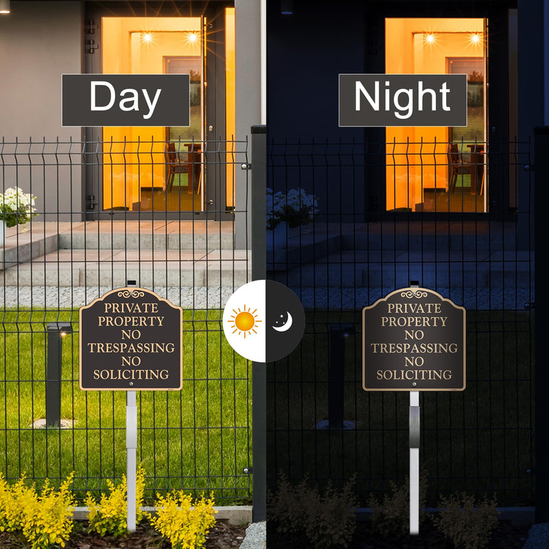 Large (2 Pack) 12X12 Inch Private Property No Trespassing No Soliciting Yard Sign, Reflective, Aluminum, Metal, Weatherproof Up to 7 Years Outdoor, Includes Stakes for Easy Mounting