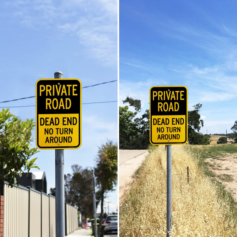 T&R (2 pack) Private Road Sign, Dead End Sign No Turn Around, 18" x 12" Engineer Grade Reflective Sheeting, Rust Free Aluminum, Weather Resistant, Waterproof, Fade Resistant, 2 Pre-drilled Holes Black & Yellow - 2 pack