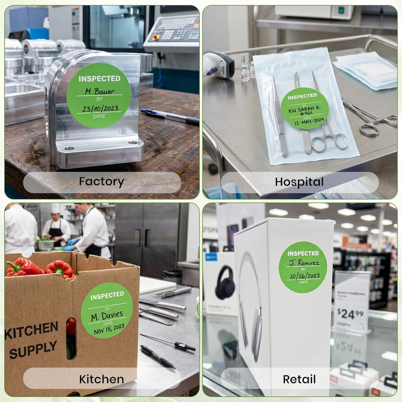 1000 Pcs Inspected By Stickers 2 Inch, Round Vinyl Quality Control Inspection Labels Green Writable QC Inventory Labels for Food Service Kitchen Warehouse Manufacturing