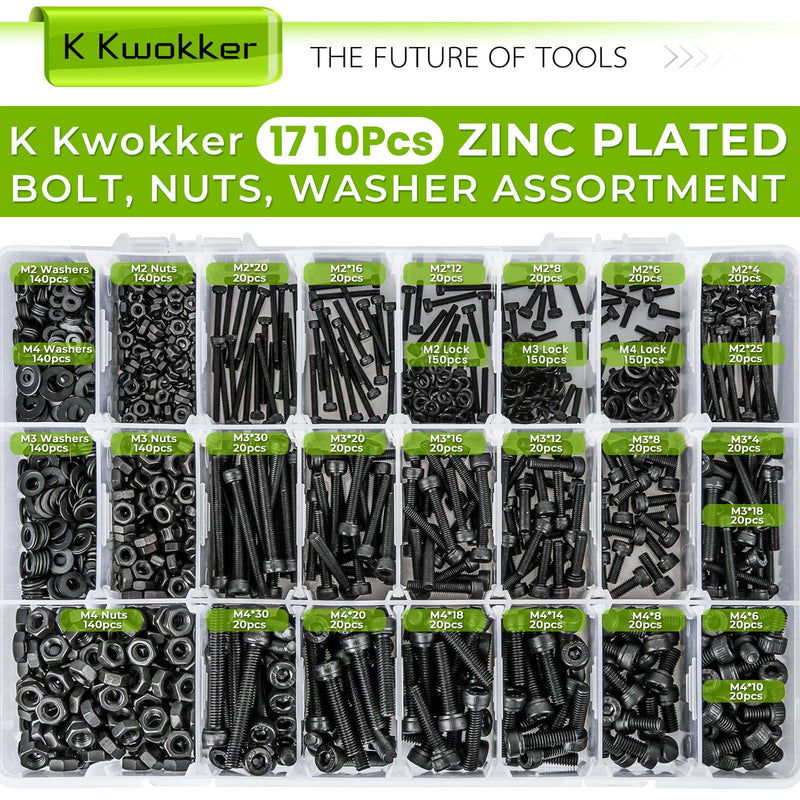 Hex Socket Metric Bolt Assortment, 1713Pcs M2 M3 M4 | 21 Sizes 4mm–30mm Length; 12.9 Alloy Steel, Zinc Plated; Includes Screws, Nuts & Washers and Hex Bits for Machinery Repair A. M2 M3 M4