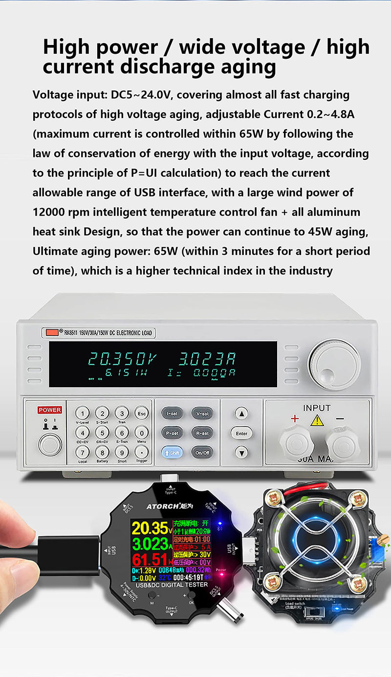 [Australia - AusPower] - WANGCL 65W USB Load Tester, Adjustable Electronic Load with Cooler Fan, Support Pd Fast Charging for Testing Charging Power in conjunction with USB Test Meters 