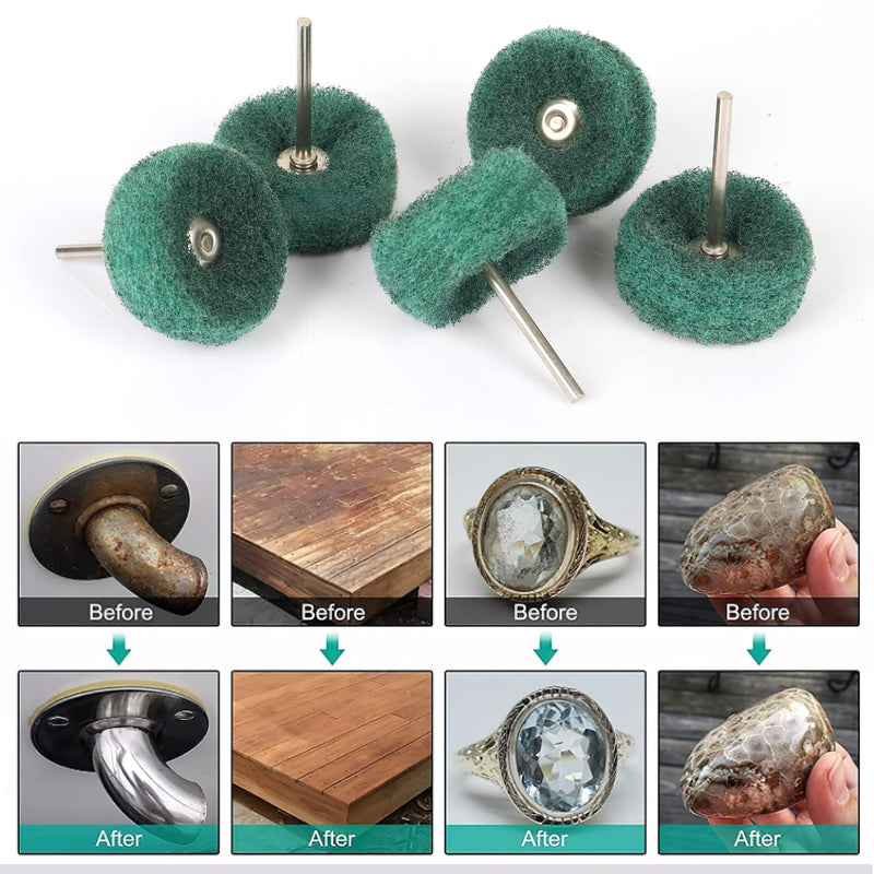 50 Pack 1 Inch Abrasive Wheel Polishing Buffing Wheel Set for Dremel Rotary Tool, Drills, 150 Grits 1/8'' (3mm) Shank Scouring Pad Abrasive Buffing Wheels for Metal, Wood, Rust Removal Green 150Grit 50PCS
