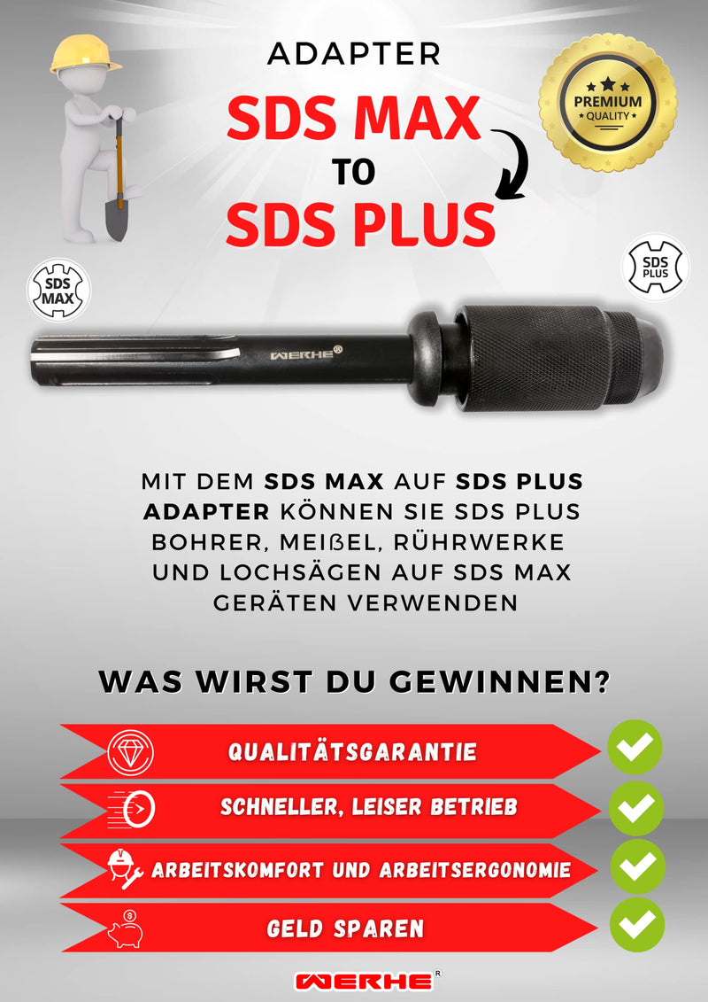 WERHE SDS-Max to SDS-Plus Adapter Chrome Vanadium Steel for Hammer Drills | Sandblasted surface, rust protection, tool-free assembly, rubber protection, for drills, chisels, core drills, length 25 cm Adapter Sds Max to SDS Plus