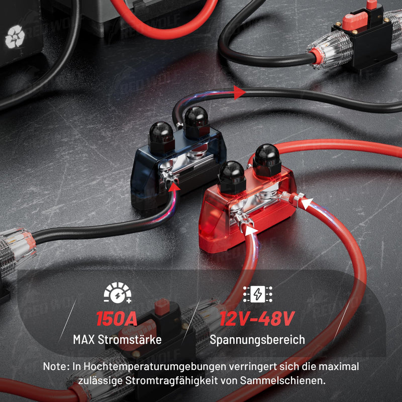 RED WOLF 12V-48V DC Busbars Distribution Block 150A, Distribution Rail with 2 x M10 Terminal Bolts for Car Marine RV RV Truck Electrical System Power Distribution Positive Ground Bus Rails Pack of 2