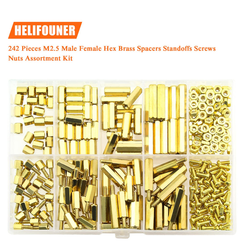 [Australia - AusPower] - 242 Pieces M2.5 Male Female Hex Brass Spacers Standoffs Screws Nuts Assortment Kit, Threaded Pillar for Printed Circuit Board Motherboard M2.5 Brass Standoff Set 