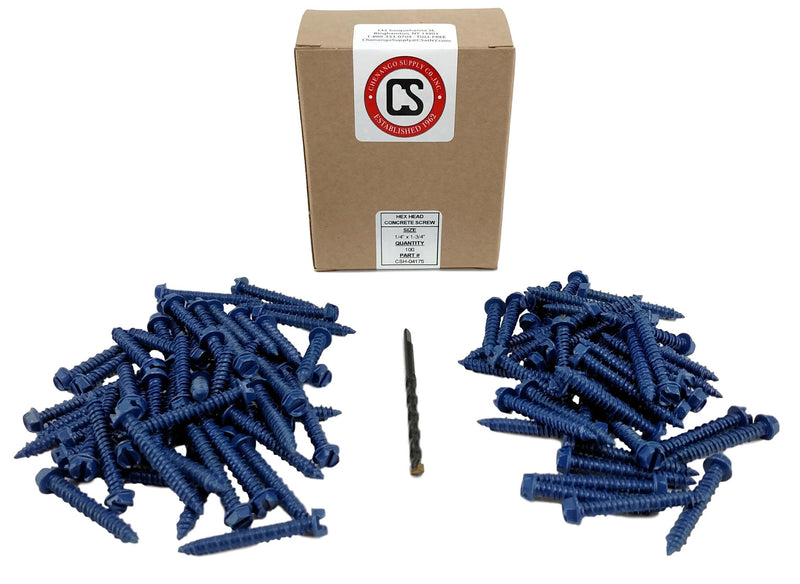 Hex Head Concrete Screw Anchor (1/4 x 1-3/4") 100 Pieces with Drill Bit (Miami-Dade Compliant) Chenango Supply